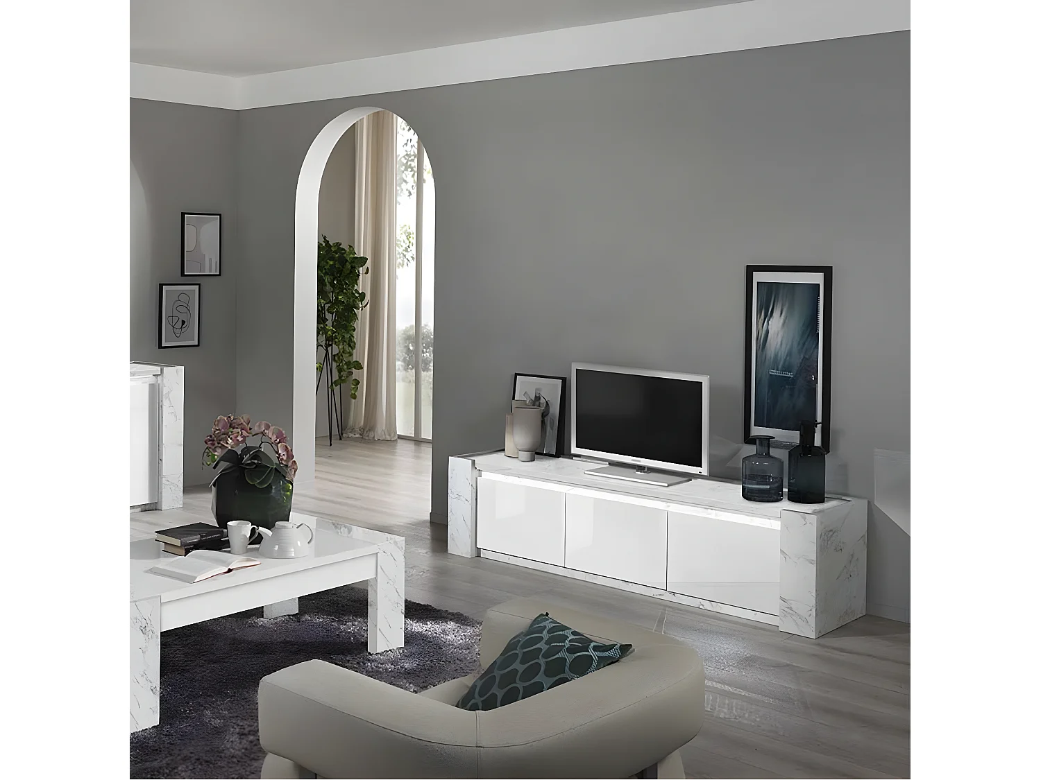 PRAVA - Meuble TV 3 Portes 195cm Laqué Blanc et Effet Marbre avec Leds