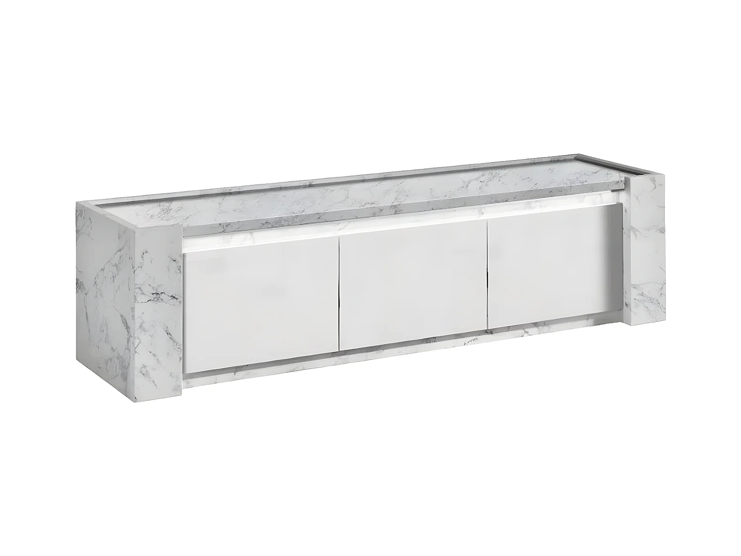 PRAVA - Meuble TV 3 Portes 195cm Laqué Blanc et Effet Marbre avec Leds