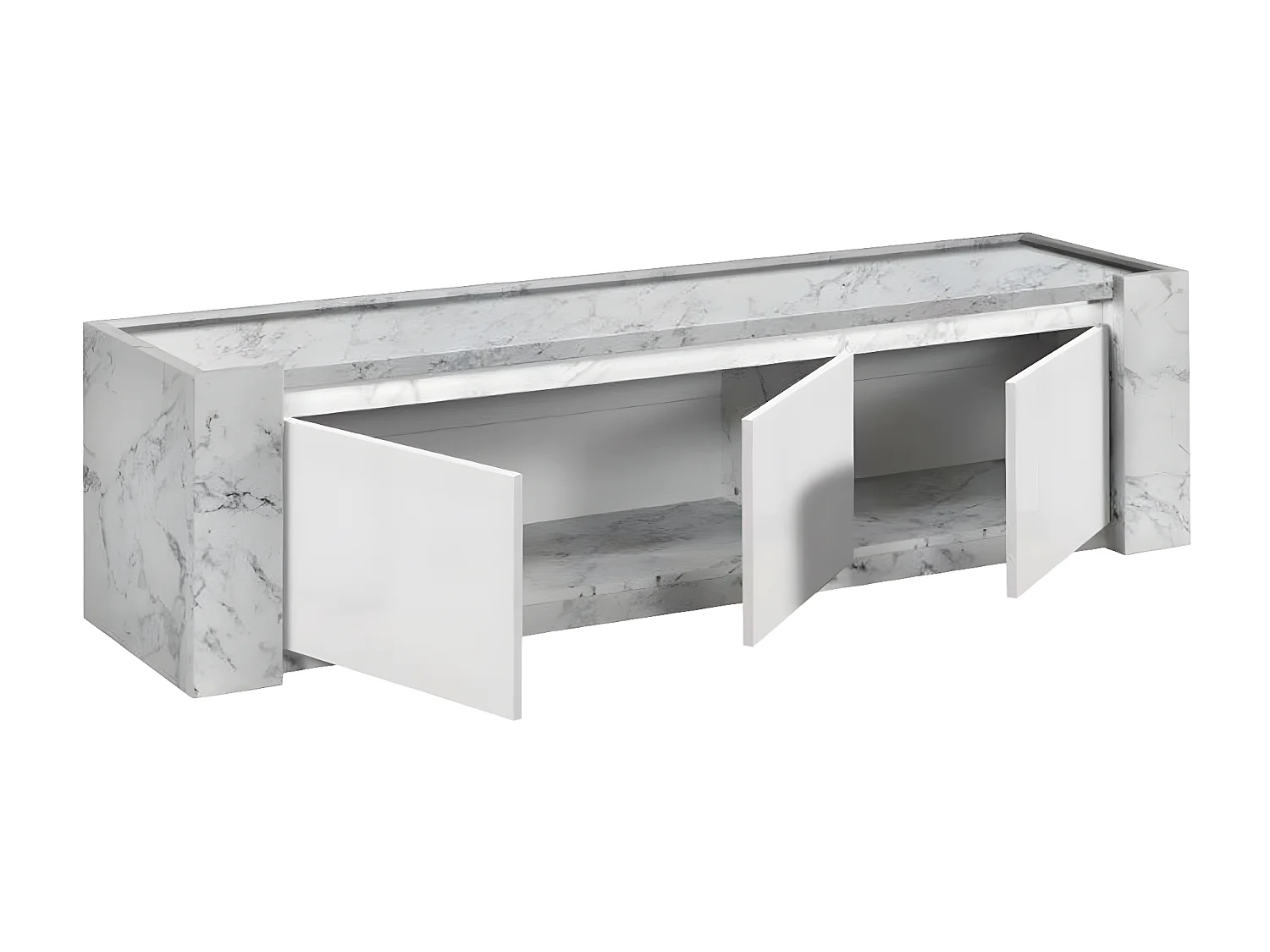 PRAVA - Meuble TV 3 Portes 195cm Laqué Blanc et Effet Marbre avec Leds