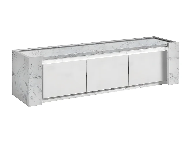 PRAVA - Meuble TV 3 Portes 195cm Laqué Blanc et Effet Marbre avec Leds