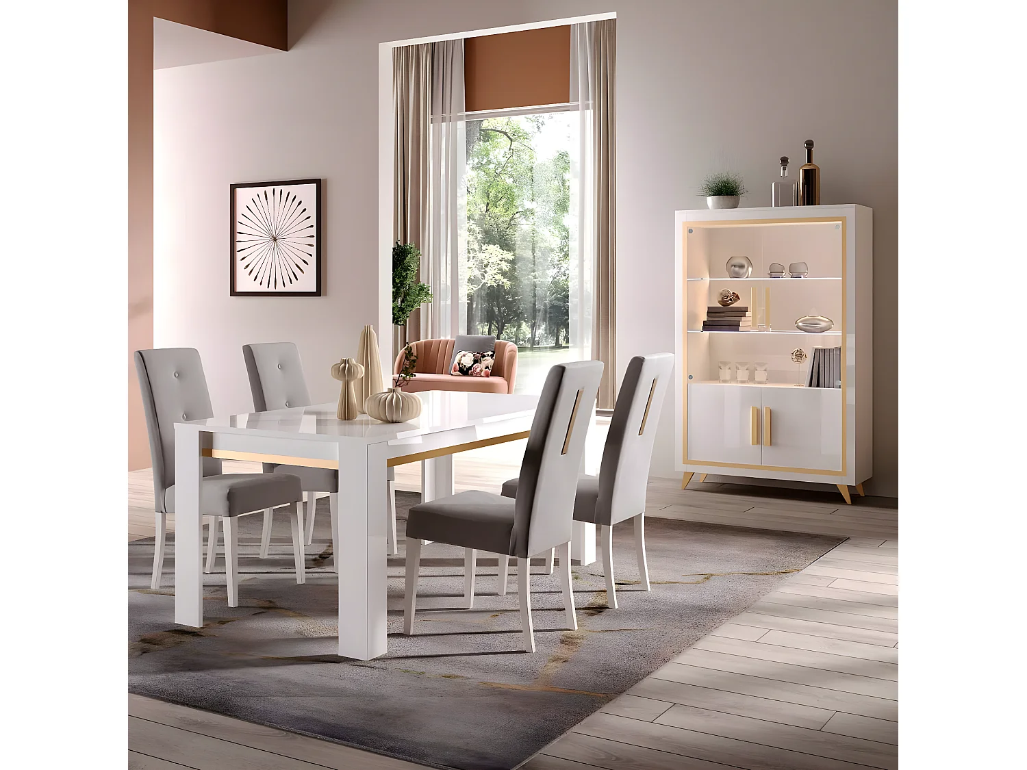 JEMMA - Table 160x90cm Laquée Blanc et Décor Doré