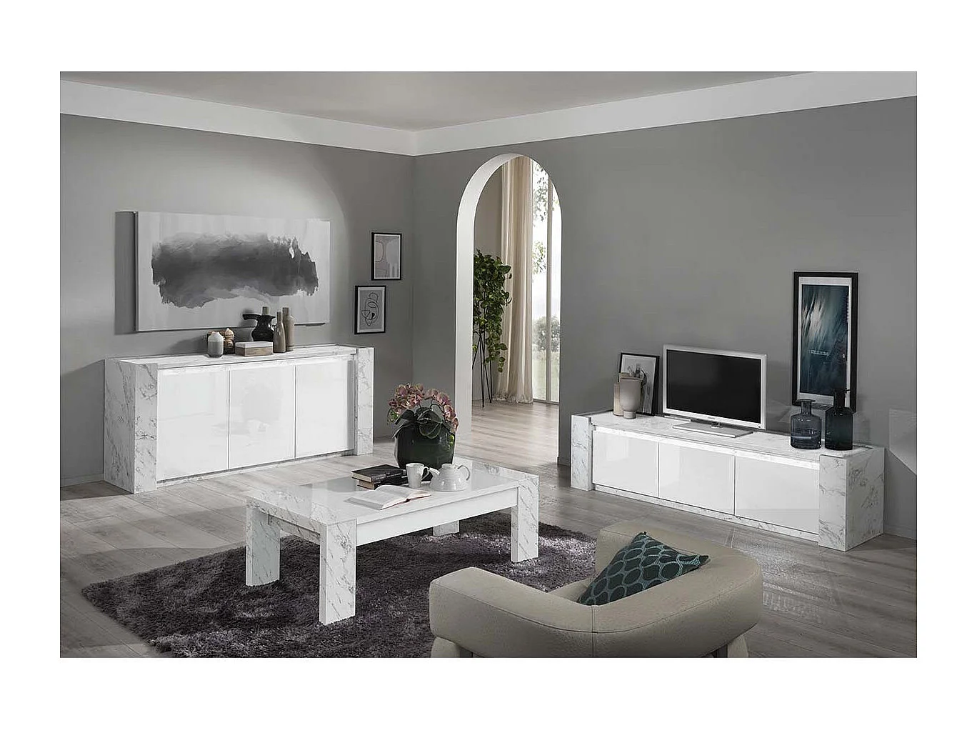 PRAVA - Ensemble Salon Blanc et Effet Marbre Meuble TV et Buffet avec Leds + Table Basse