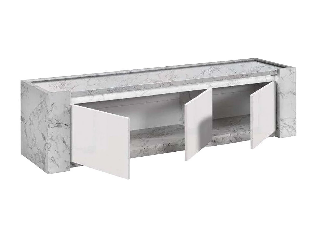 PRAVA - Ensemble Salon Blanc et Effet Marbre Meuble TV et Buffet avec Leds + Table Basse