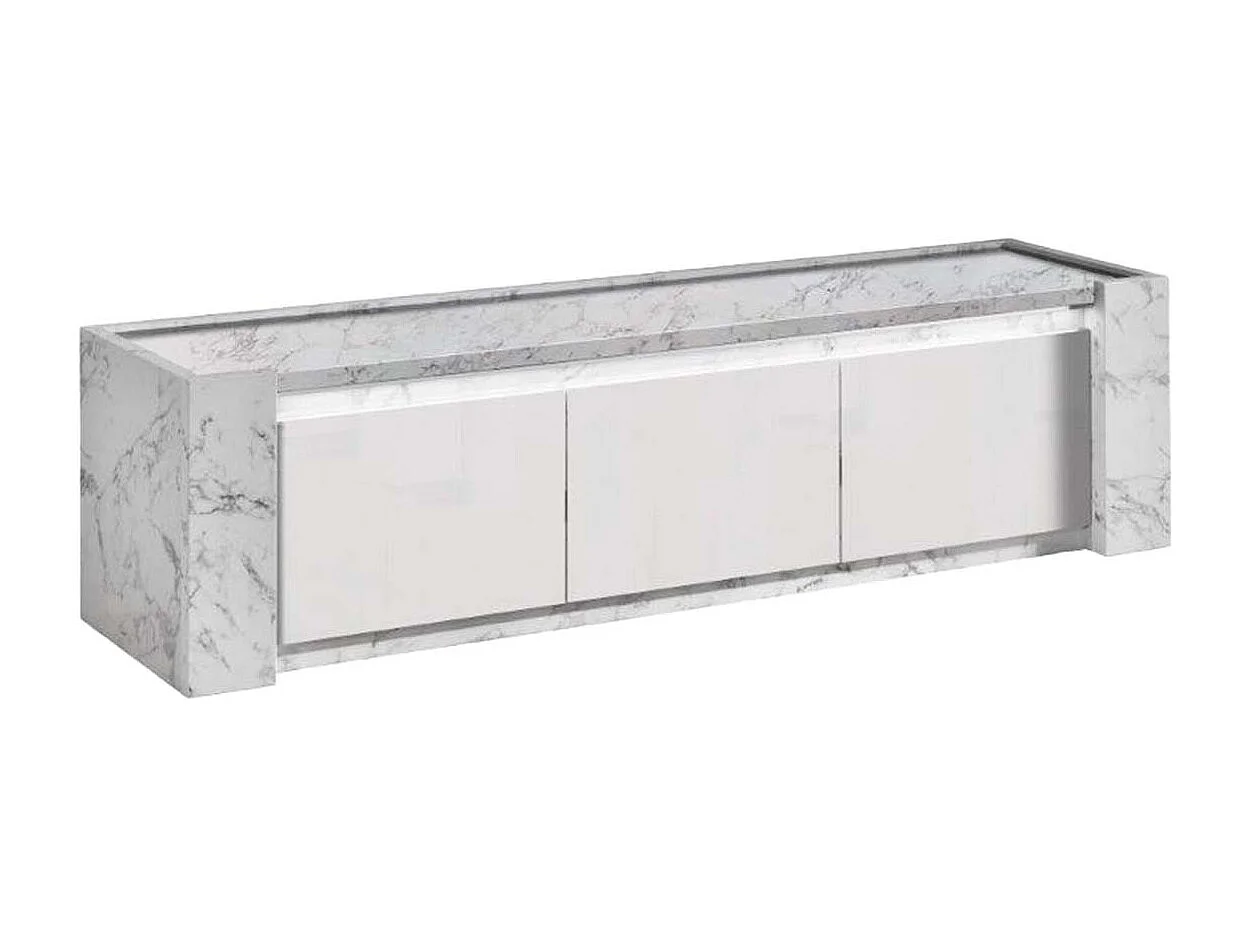 PRAVA - Ensemble Salon Blanc et Effet Marbre Meuble TV et Buffet avec Leds + Table Basse