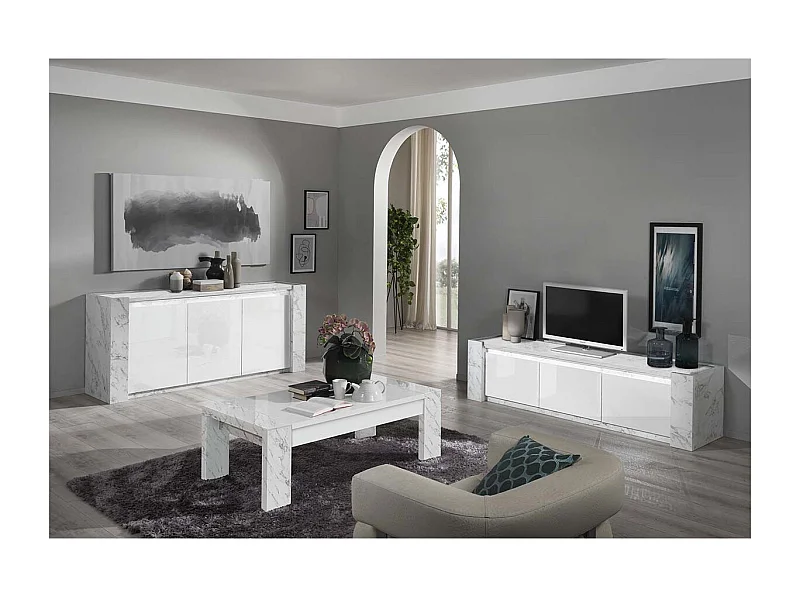 PRAVA - Ensemble Salon Blanc et Effet Marbre Meuble TV et Buffet avec Leds + Table Basse