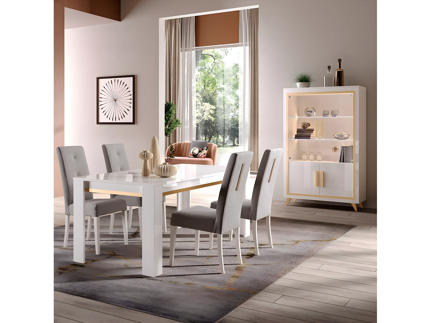 JEMMA - Ensemble Séjour Blanc Décor Doré Table 190cm + Vitrine avec Leds