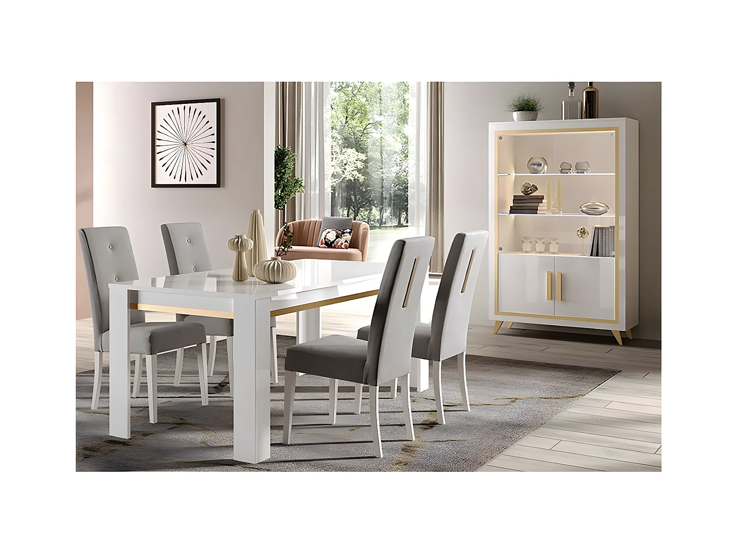 JEMMA - Ensemble Séjour Blanc Décor Doré Table 160cm + Vitrine avec Leds