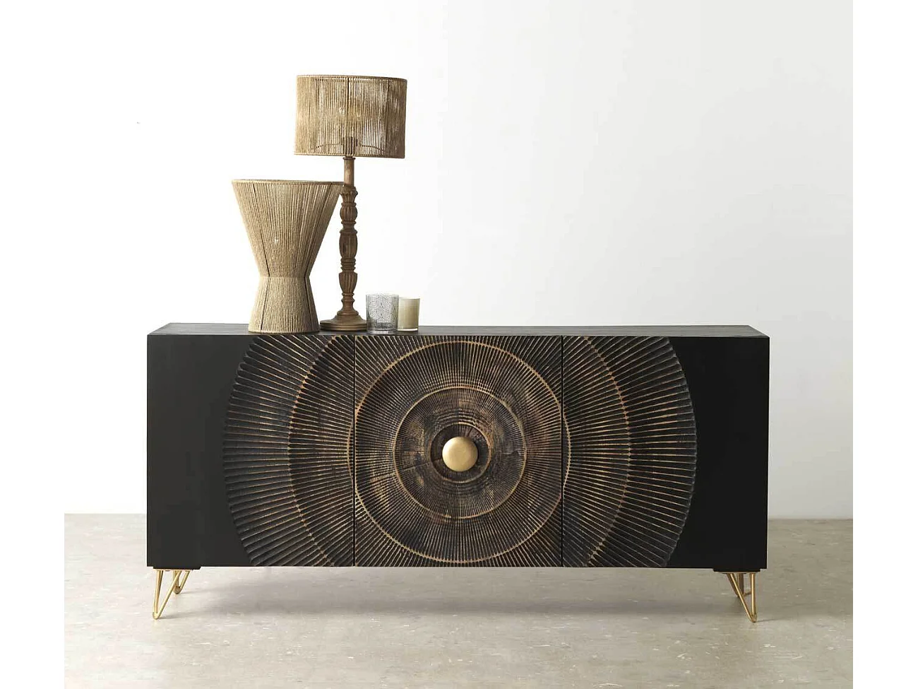 Sideboard aus Mangoholz und schwarzer Faserplatte mittlerer Dichte