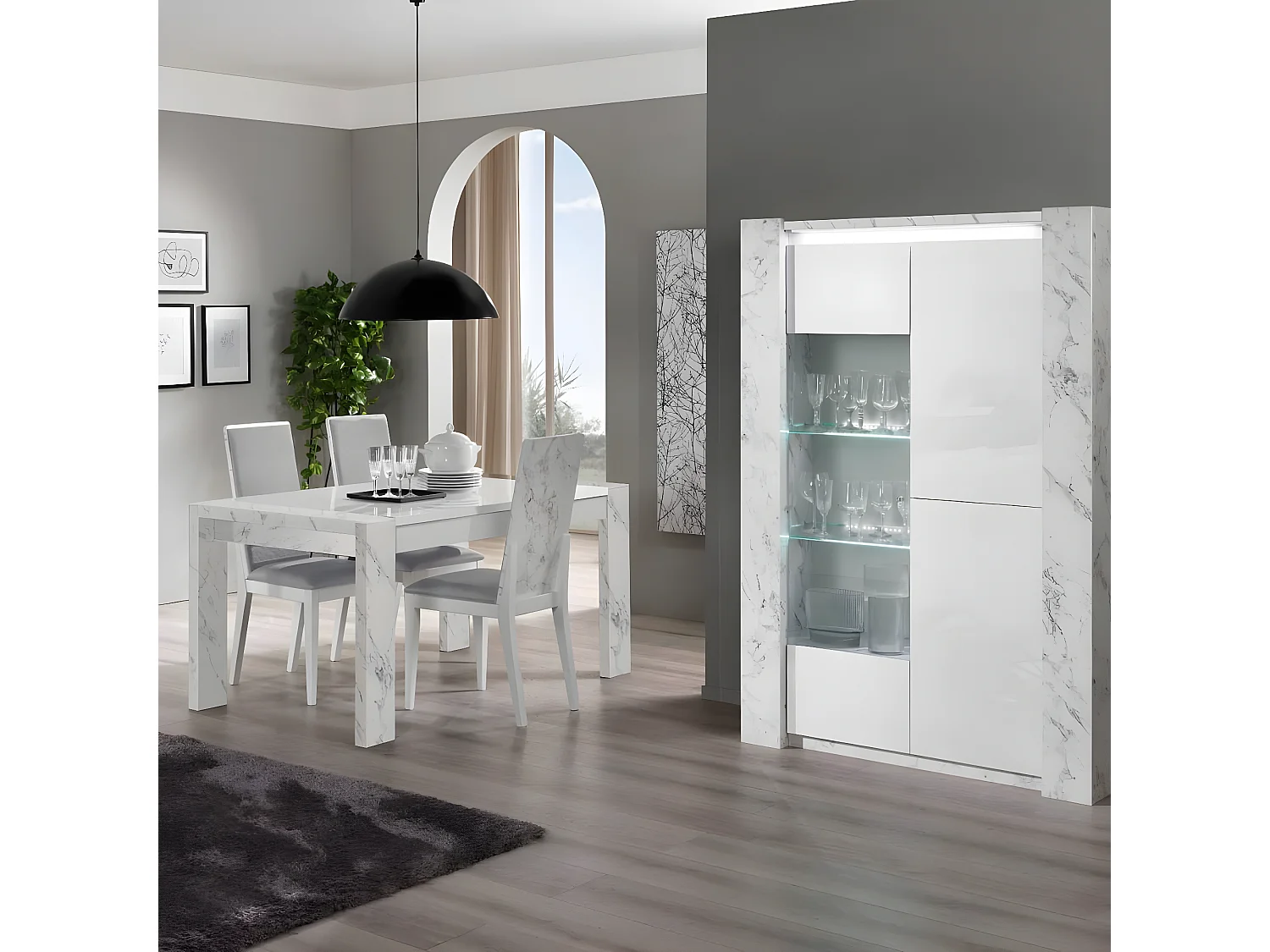 PRAVA - Vitrine 3 Portes Laquée Blanc et Effet Marbre avec Leds