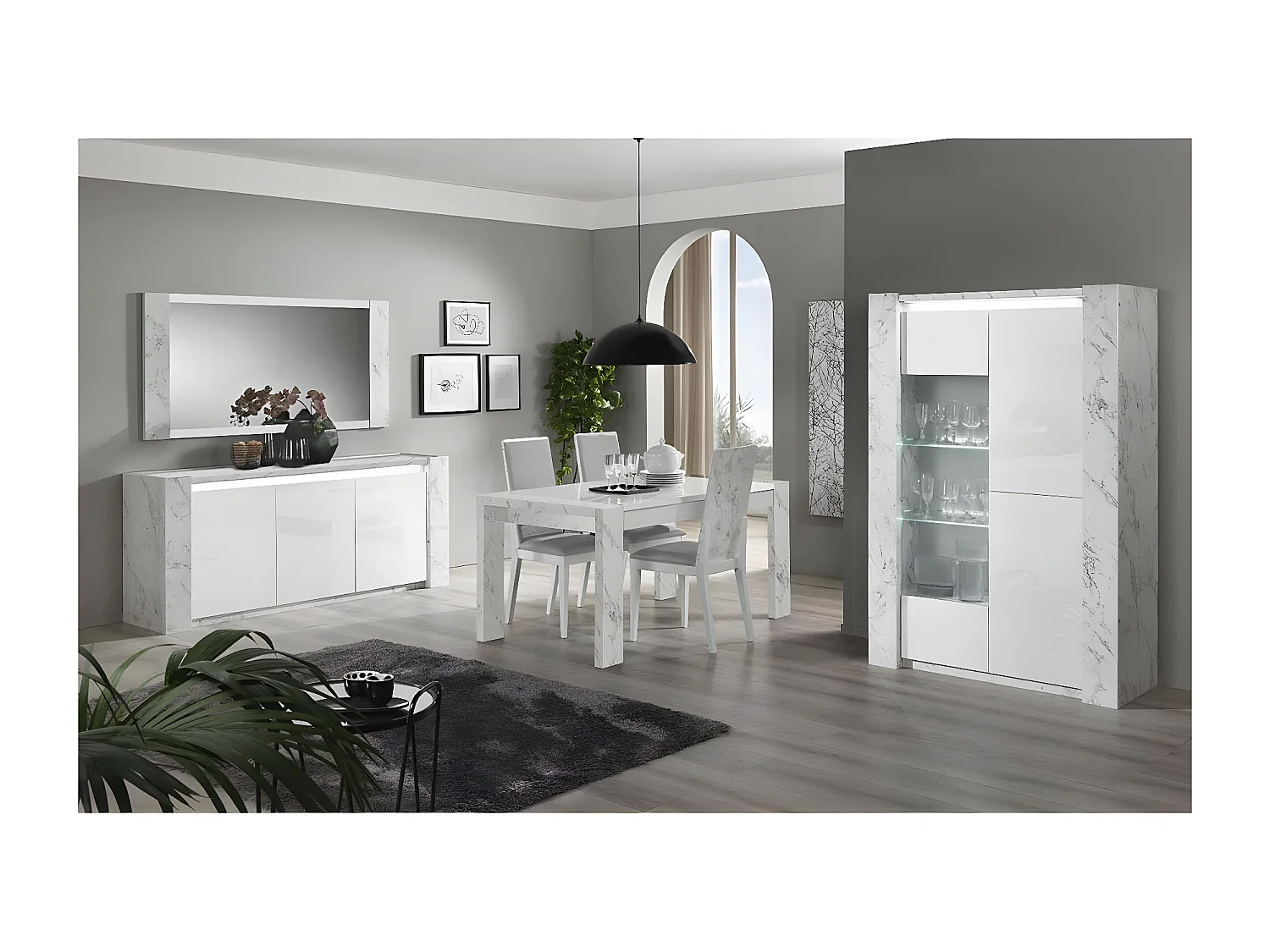 PRAVA - Vitrine 3 Portes Laquée Blanc et Effet Marbre avec Leds