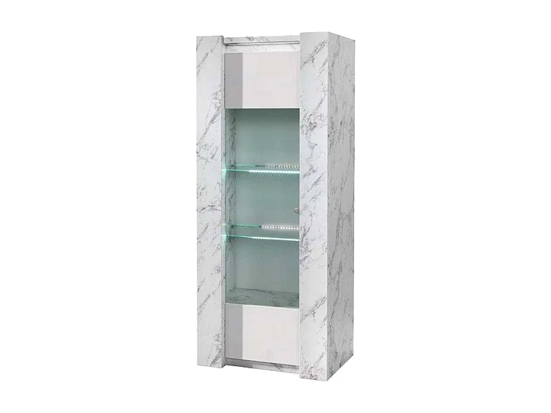 PRAVA - Vitrine 1 Porte Gauche Laquée Blanc et Effet Marbre avec Leds