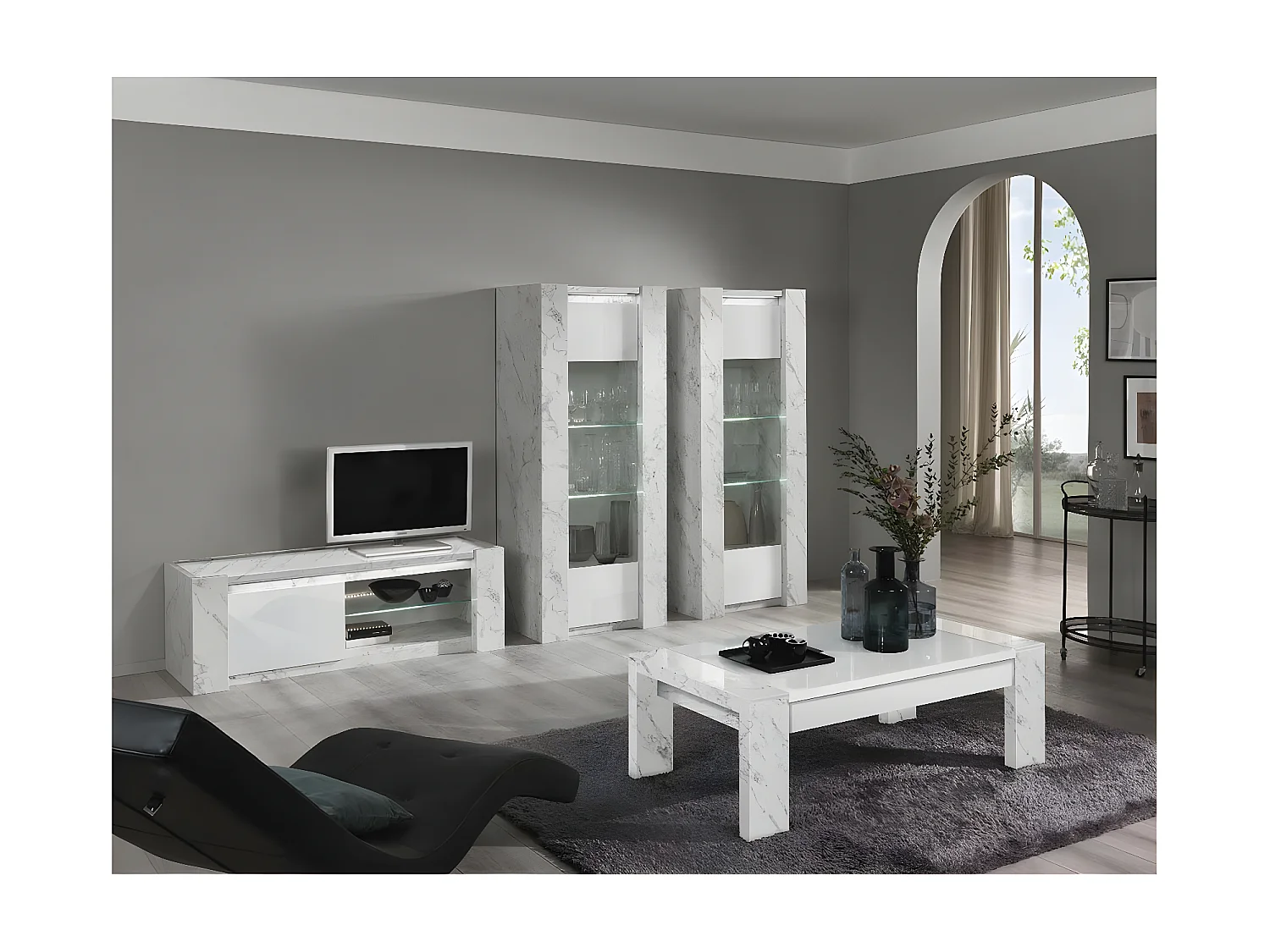 PRAVA - Vitrine 1 Porte Gauche Laquée Blanc et Effet Marbre avec Leds