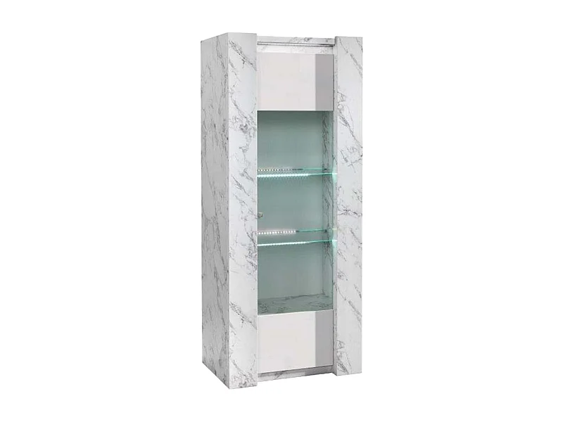 PRAVA - Vitrine 1 Porte Droite Laquée Blanc et Effet Marbre avec Leds