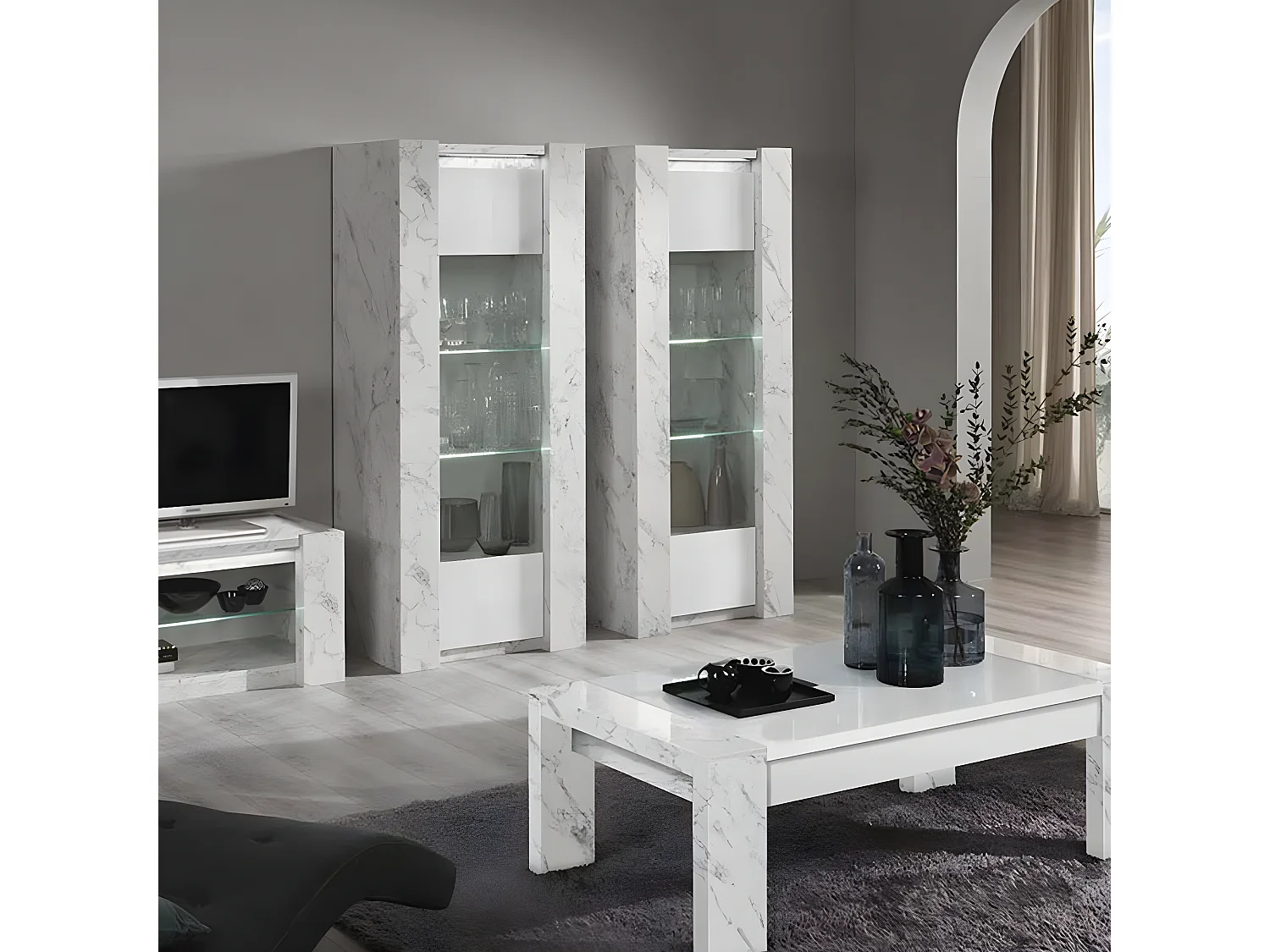 PRAVA - Vitrine 1 Porte Droite Laquée Blanc et Effet Marbre avec Leds