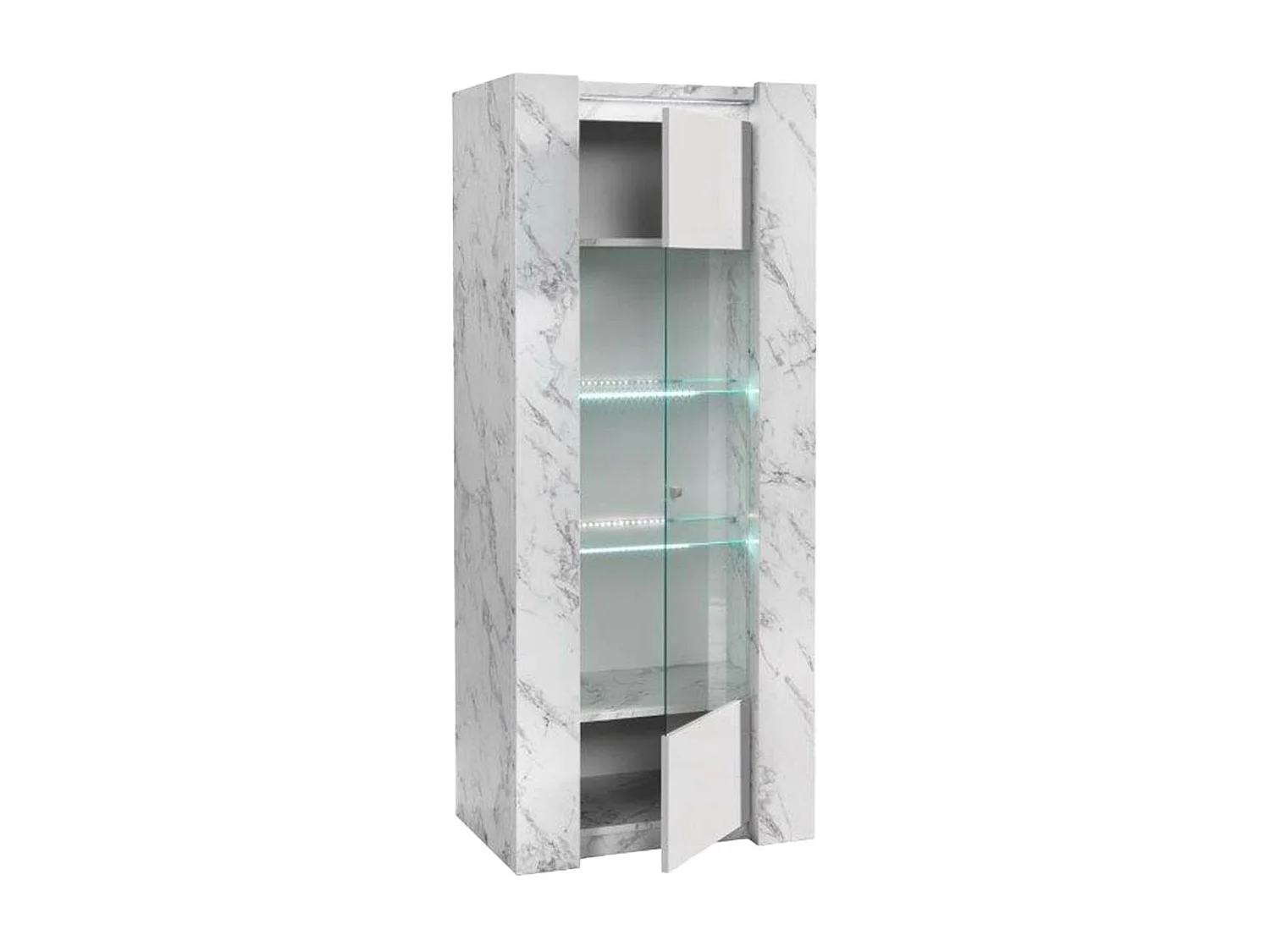 PRAVA - Vitrine 1 Porte Droite Laquée Blanc et Effet Marbre avec Leds