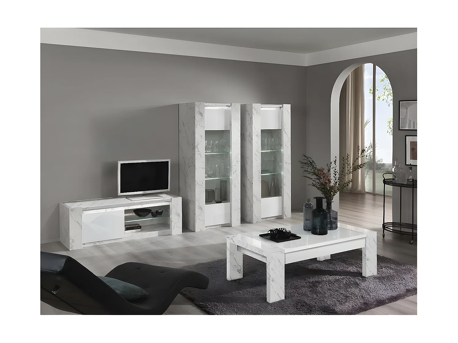 PRAVA - Vitrine 1 Porte Droite Laquée Blanc et Effet Marbre avec Leds