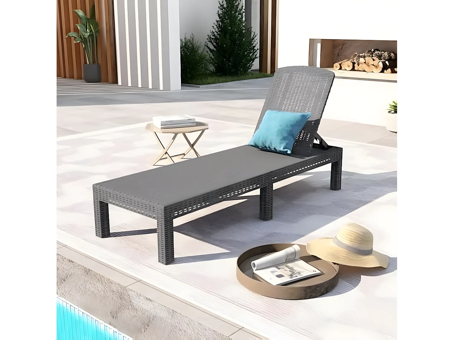 Bain de soleil - Chaise longue - Résine imitation rotin tressé - Dossier réglable - Gris Sparkle
