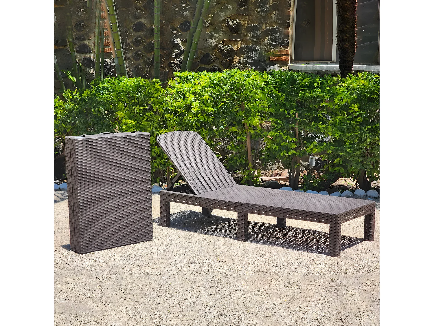 Bain de soleil - Chaise longue - Résine imitation rotin tressé - Dossier réglable - Gris Sparkle