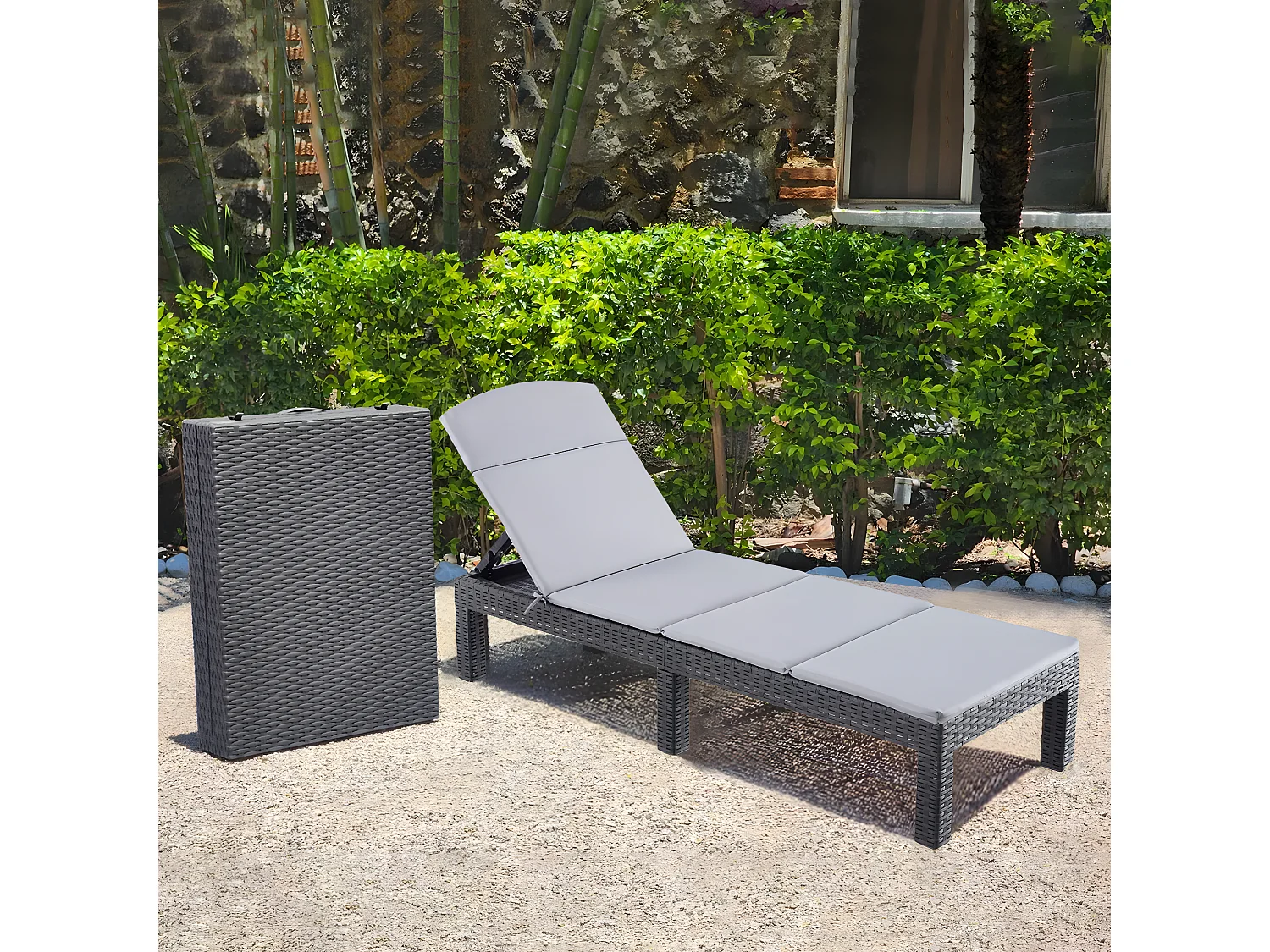 Bain de soleil - Chaise longue - Résine imitation rotin tressé - Coussin - Dossier réglable - Gris Sparkle