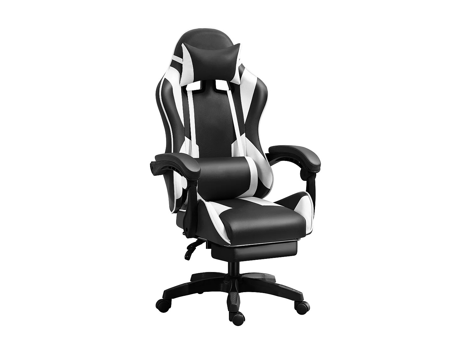 Fauteuil gamer - Chaise gaming - Chaise de bureau ergonomique - Hauteur Réglable - Support lombaire et Repose-pieds - Charge 120 kg - Noir et Blanc