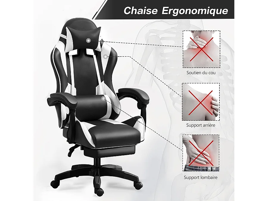 Fauteuil gamer - Chaise gaming - Chaise de bureau ergonomique - Hauteur Réglable - Support lombaire et Repose-pieds - Charge 120 kg - Noir et Blanc