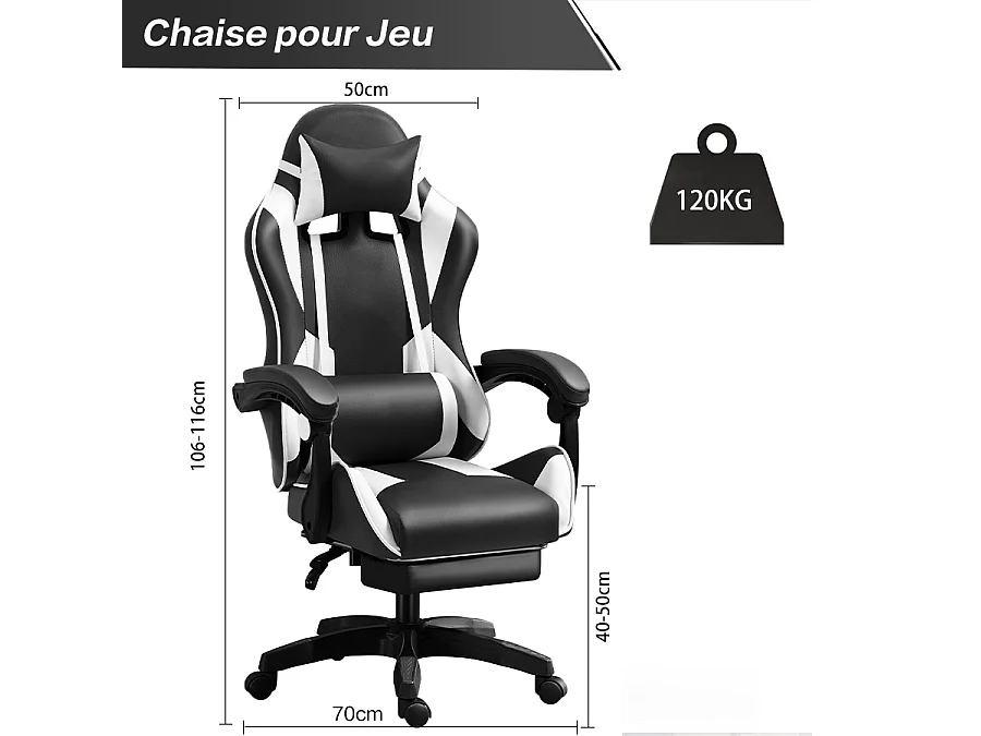 Fauteuil gamer - Chaise gaming - Chaise de bureau ergonomique - Hauteur Réglable - Support lombaire et Repose-pieds - Charge 120 kg - Noir et Blanc