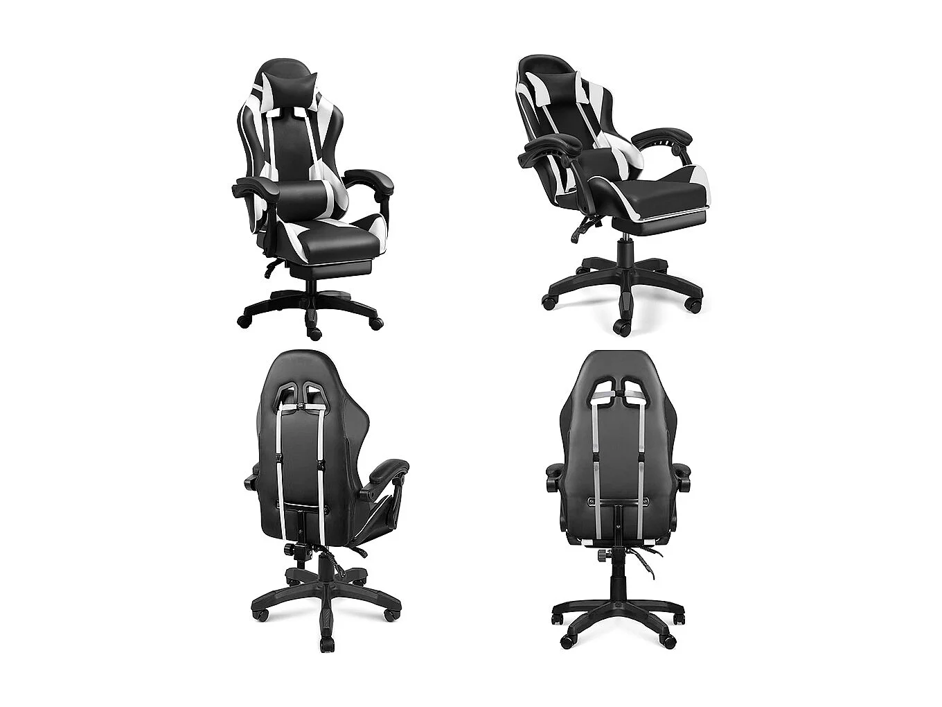 Fauteuil gamer - Chaise gaming - Chaise de bureau ergonomique - Hauteur Réglable - Support lombaire et Repose-pieds - Charge 120 kg - Noir et Blanc