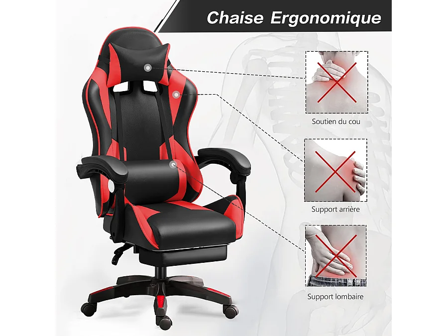 Fauteuil gamer - Chaise gaming - Chaise de bureau ergonomique - Hauteur Réglable - Support lombaire et Repose-pieds - Charge 120 kg - Noir et Rouge