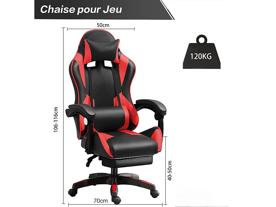 Fauteuil gamer - Chaise gaming - Chaise de bureau ergonomique - Hauteur Réglable - Support lombaire et Repose-pieds - Charge 120 kg - Noir et Rouge