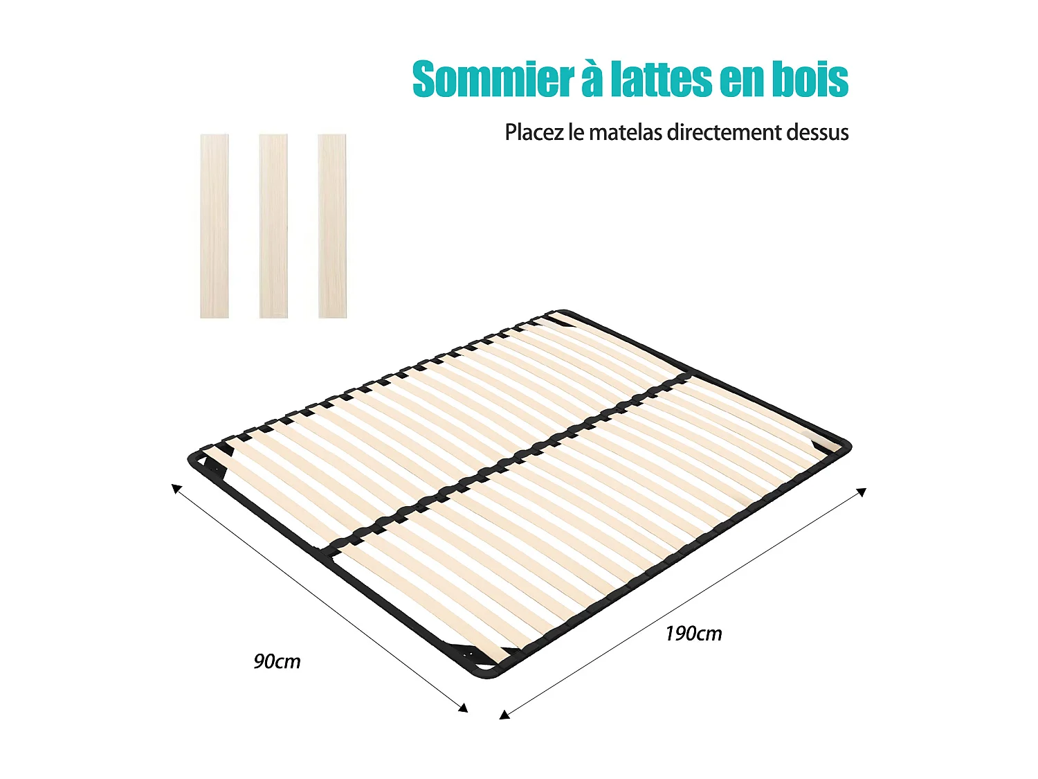 Sommier 140x190cm sans Pied - Sommiers à Lattes en Bois - 2x20 Lattes