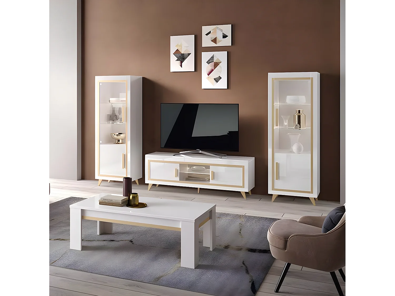 JEMMA - Meuble TV 2 Portes Laqué Blanc et Décor Doré avec Leds