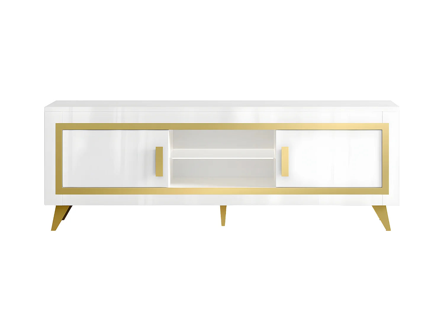 JEMMA - Meuble TV 2 Portes Laqué Blanc et Décor Doré avec Leds