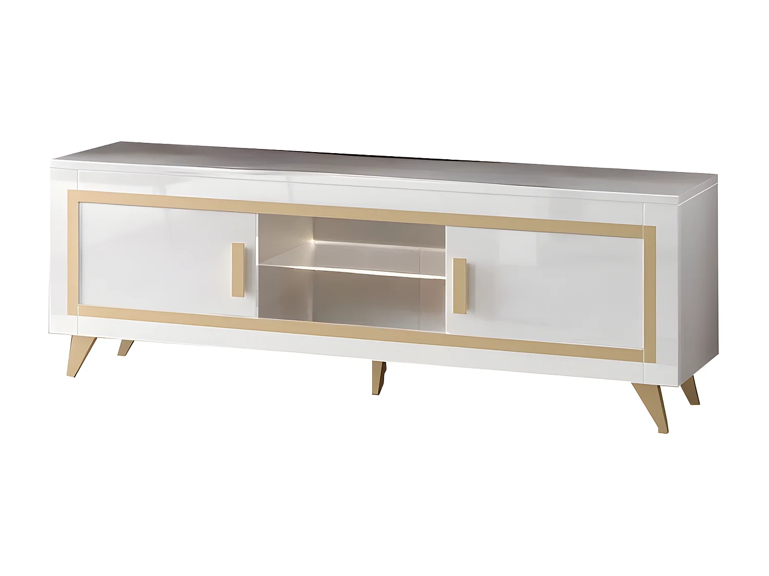 JEMMA - Meuble TV 2 Portes Laqué Blanc et Décor Doré avec Leds