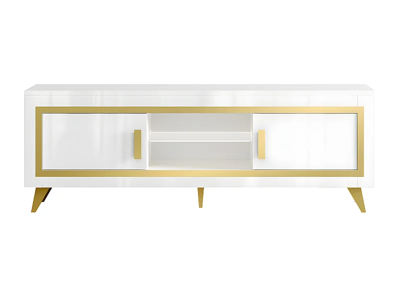 JEMMA - Meuble TV 2 Portes Laqué Blanc et Décor Doré avec Leds