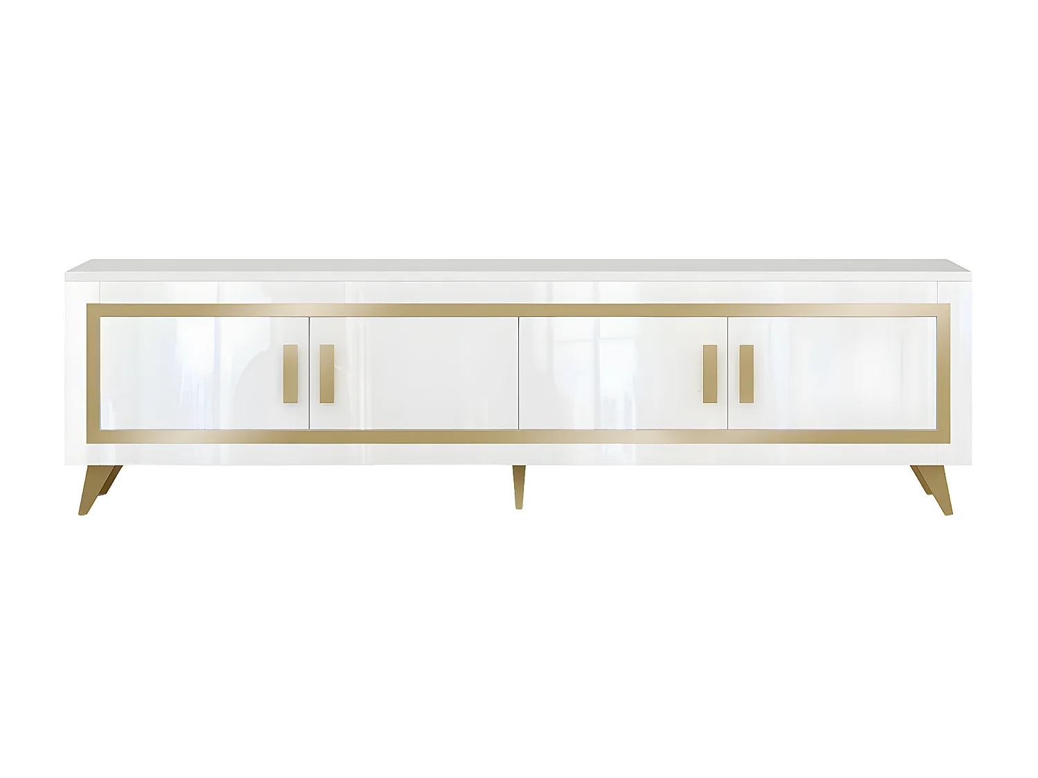 JEMMA - Meuble TV 4 Portes Laqué Blanc et Décor Doré