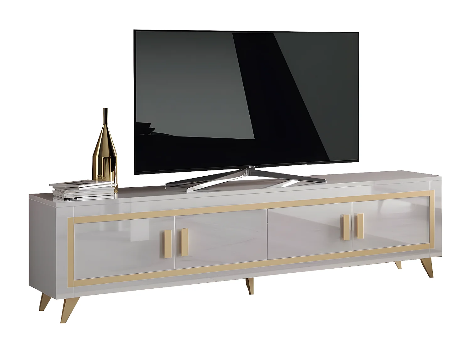 JEMMA - Meuble TV 4 Portes Laqué Blanc et Décor Doré