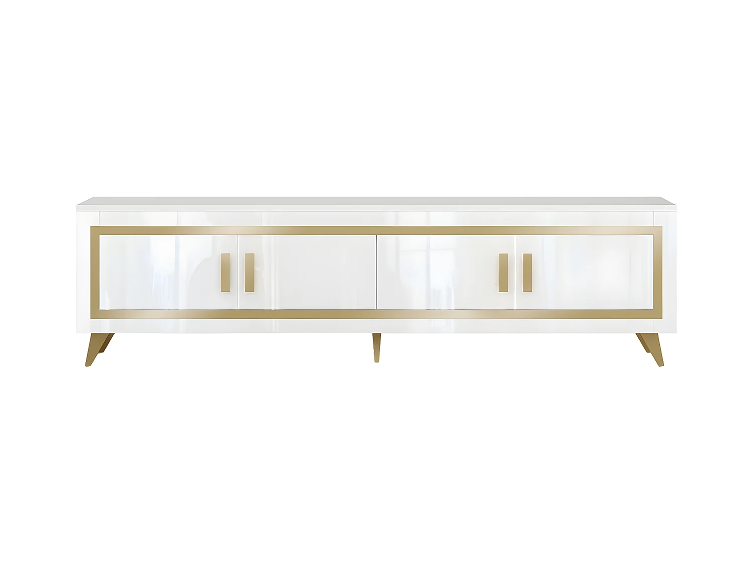 JEMMA - Meuble TV 4 Portes Laqué Blanc et Décor Doré