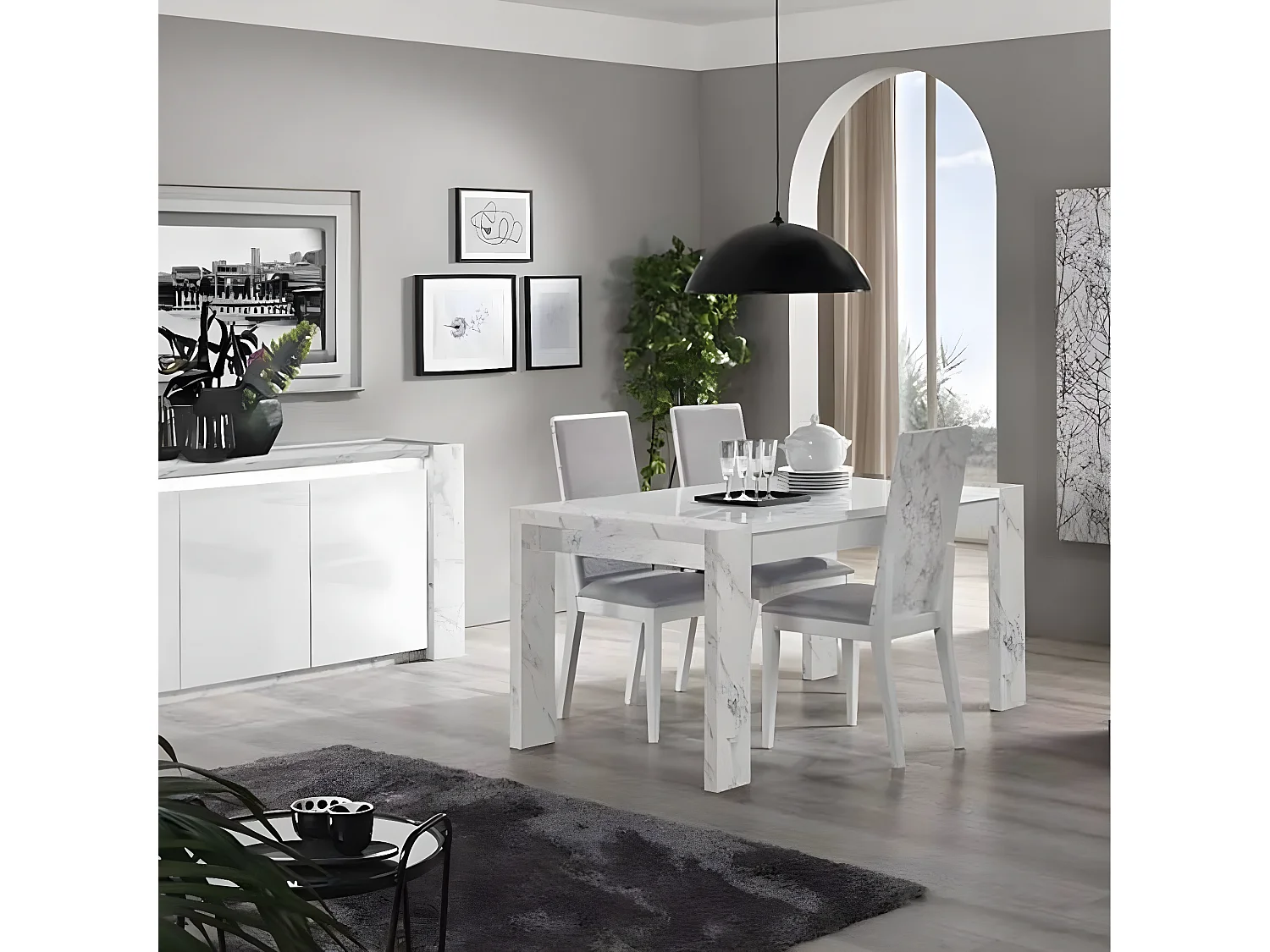 PRAVA - Table Rectangulaire 160x90cm Laquée Blanc et Effet Marbre