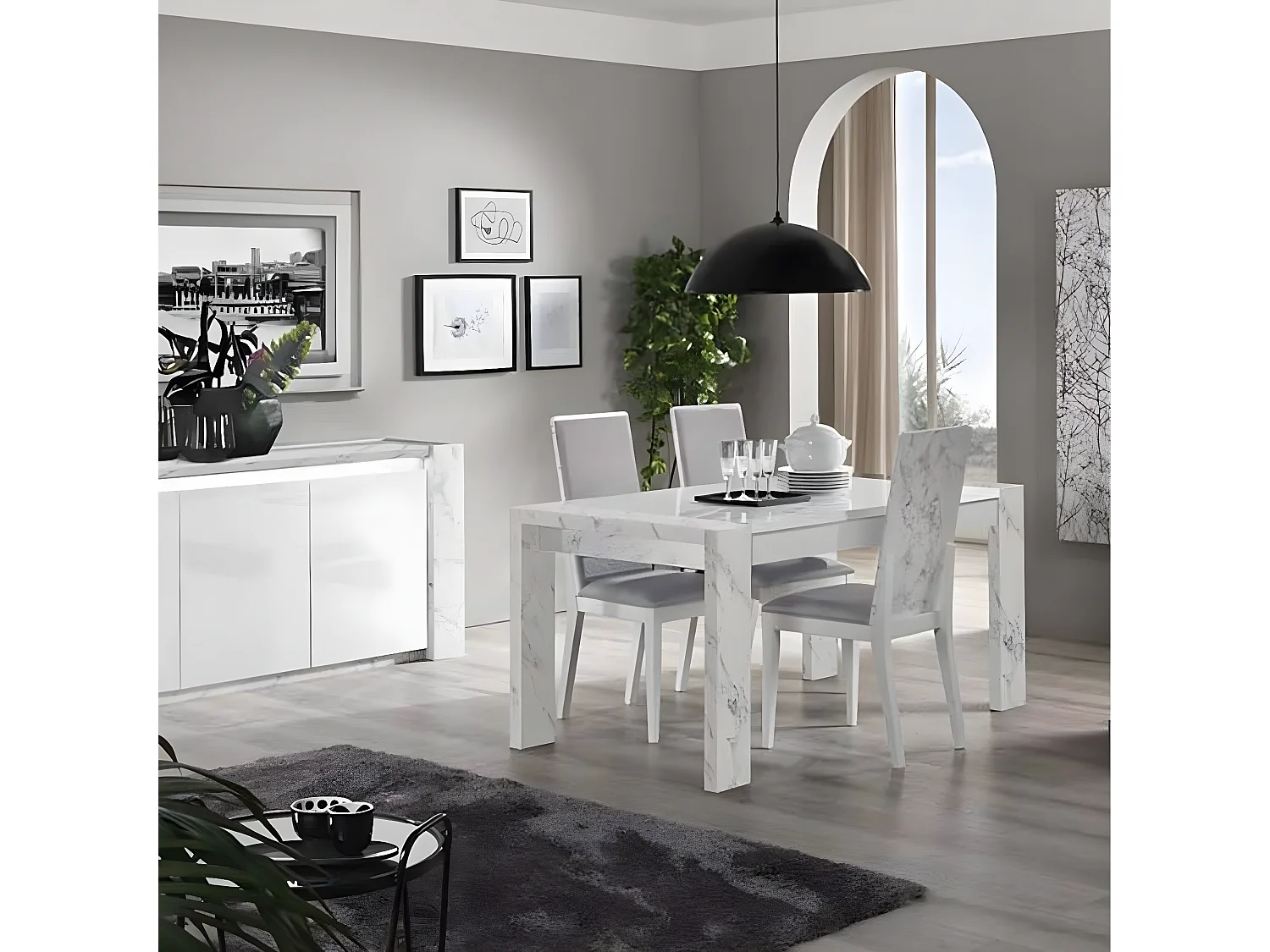 PRAVA - Table Rectangulaire 190x90cm Laquée Blanc et Effet Marbre