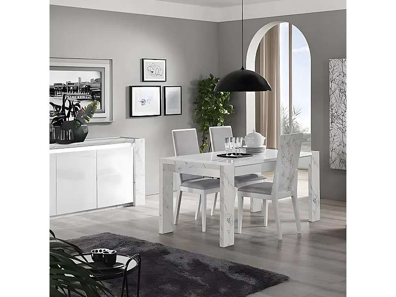 PRAVA - Table Rectangulaire 190x90cm Laquée Blanc et Effet Marbre