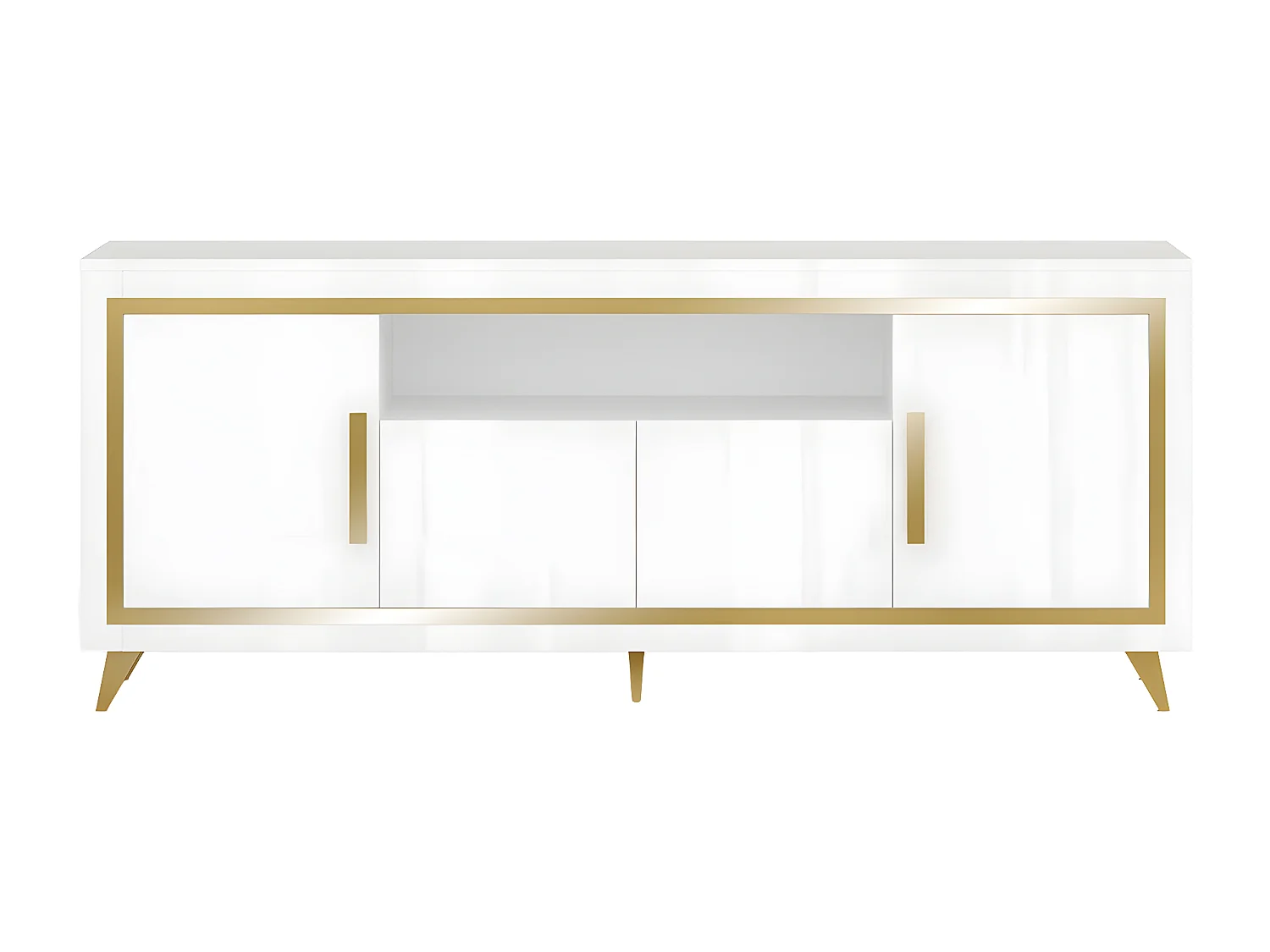 JEMMA - Buffet 4 Portes Laqué Blanc et Décor Doré avec Leds