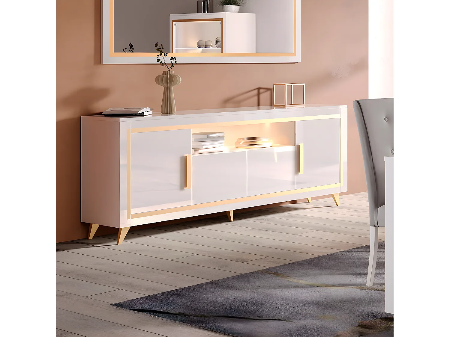 JEMMA - Buffet 4 Portes Laqué Blanc et Décor Doré avec Leds
