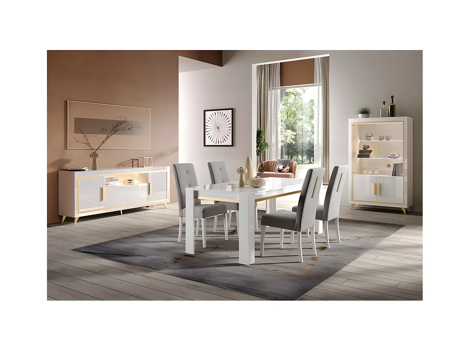 JEMMA - Buffet 4 Portes Laqué Blanc et Décor Doré avec Leds