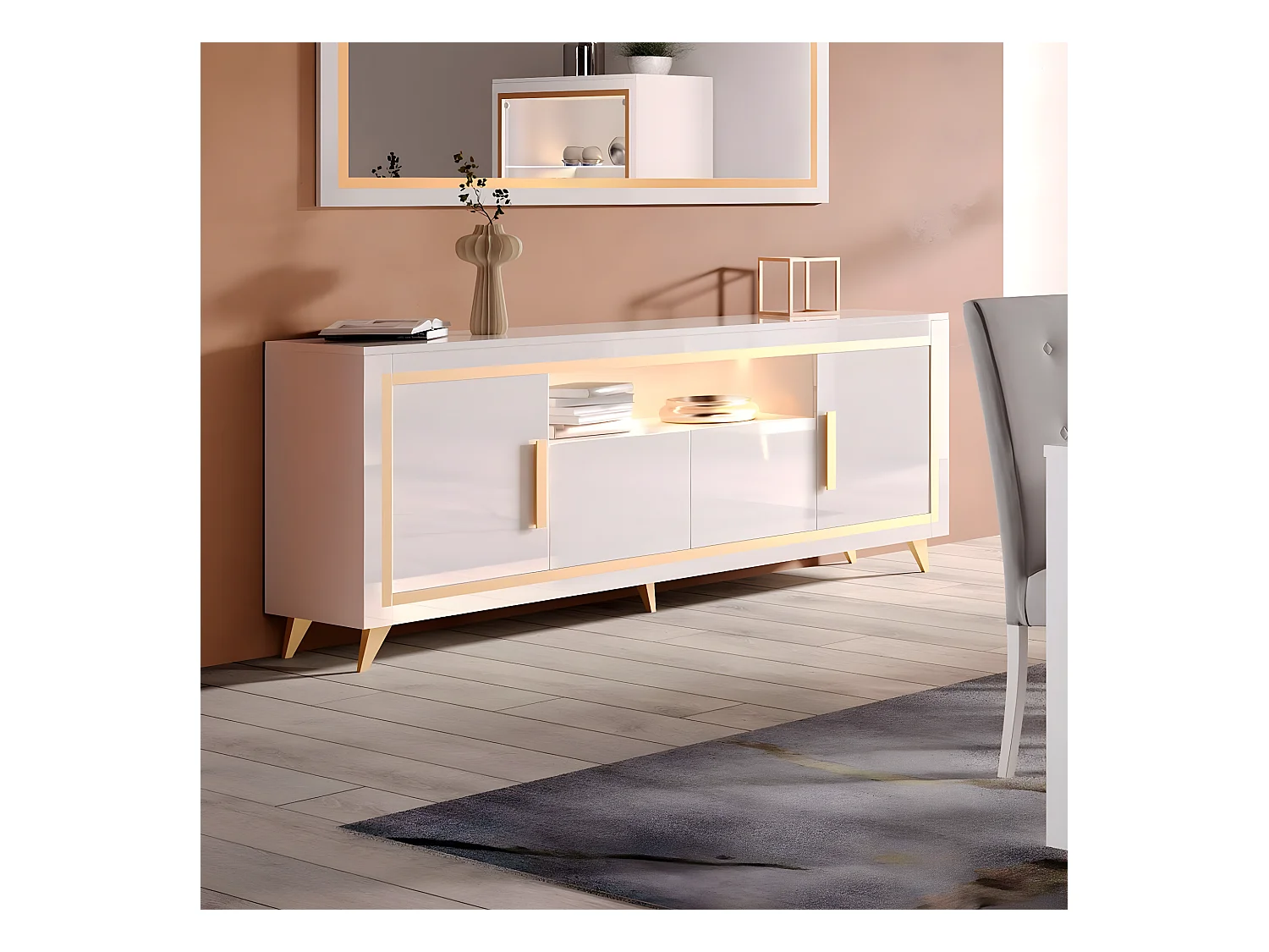 JEMMA - Buffet 4 Portes Laqué Blanc et Décor Doré avec Leds