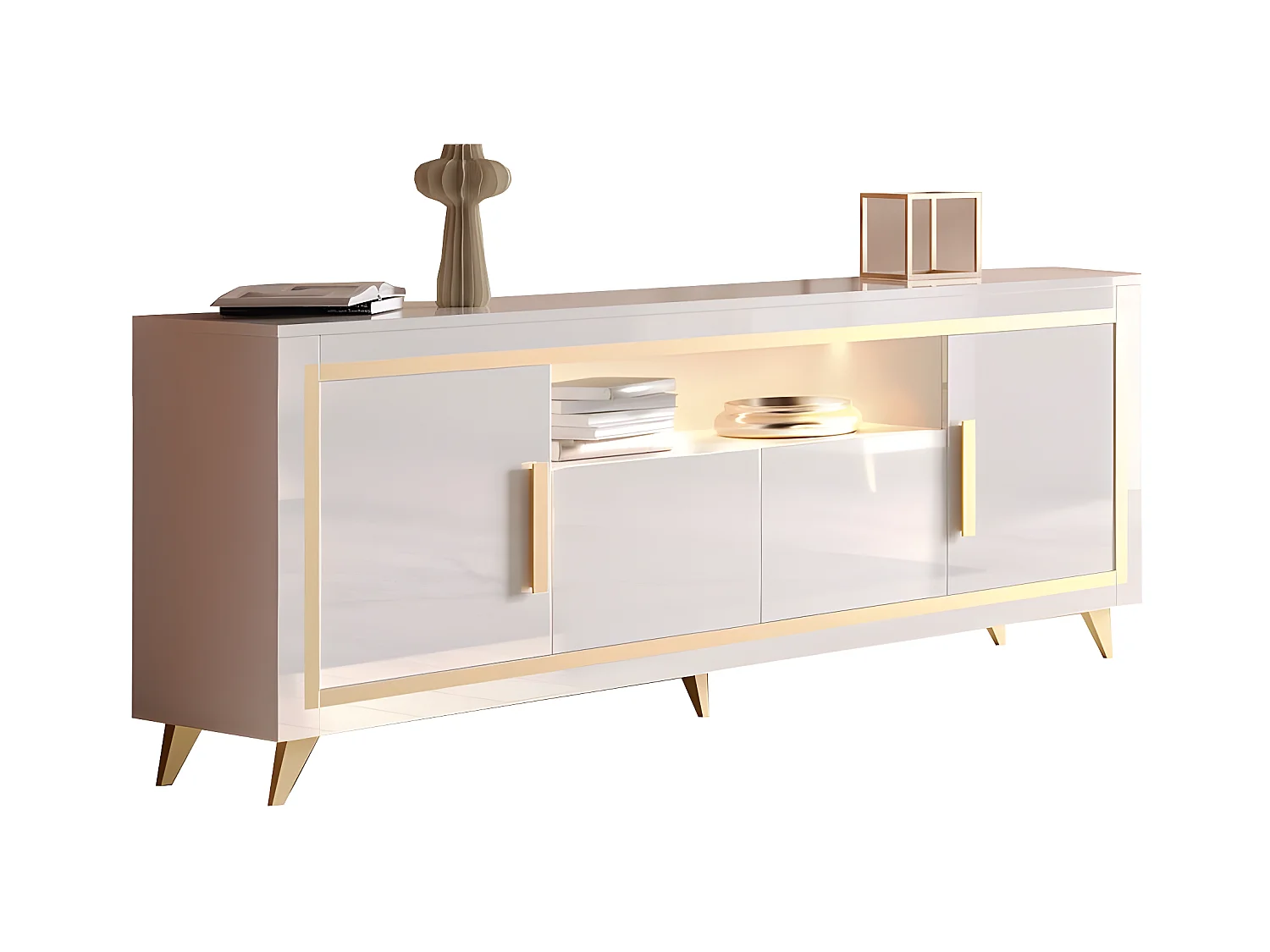 JEMMA - Buffet 4 Portes Laqué Blanc et Décor Doré avec Leds