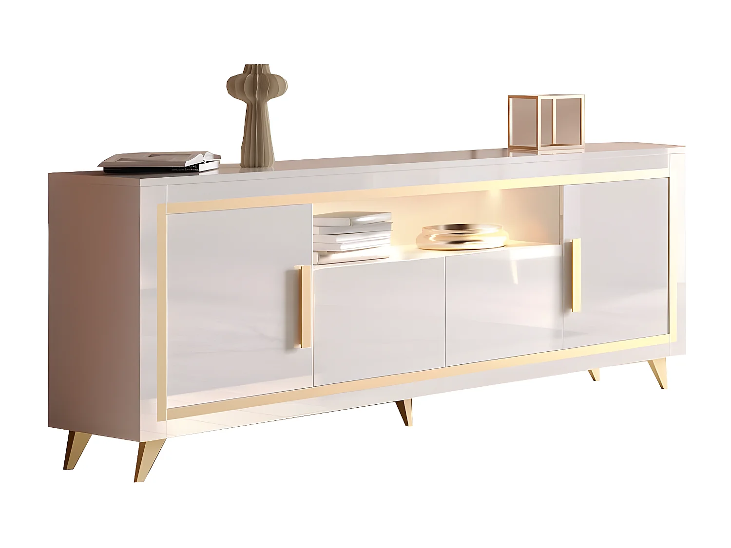 JEMMA - Buffet 4 Portes Laqué Blanc et Décor Doré avec Leds