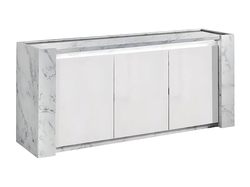 PRAVA - Buffet 3 Portes Laqué Blanc et Effet Marbre avec Leds