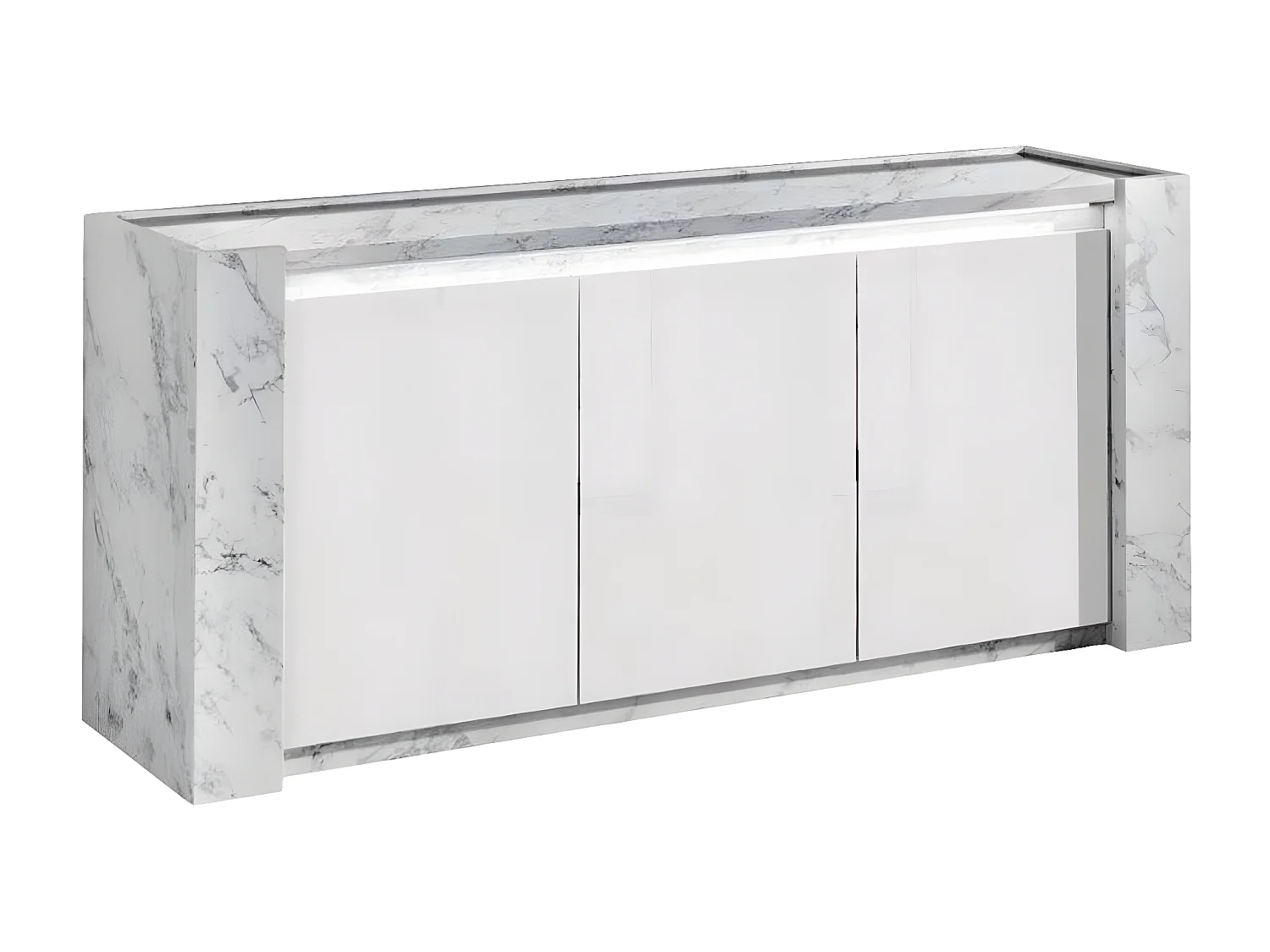 PRAVA - Buffet 3 Portes Laqué Blanc et Effet Marbre avec Leds