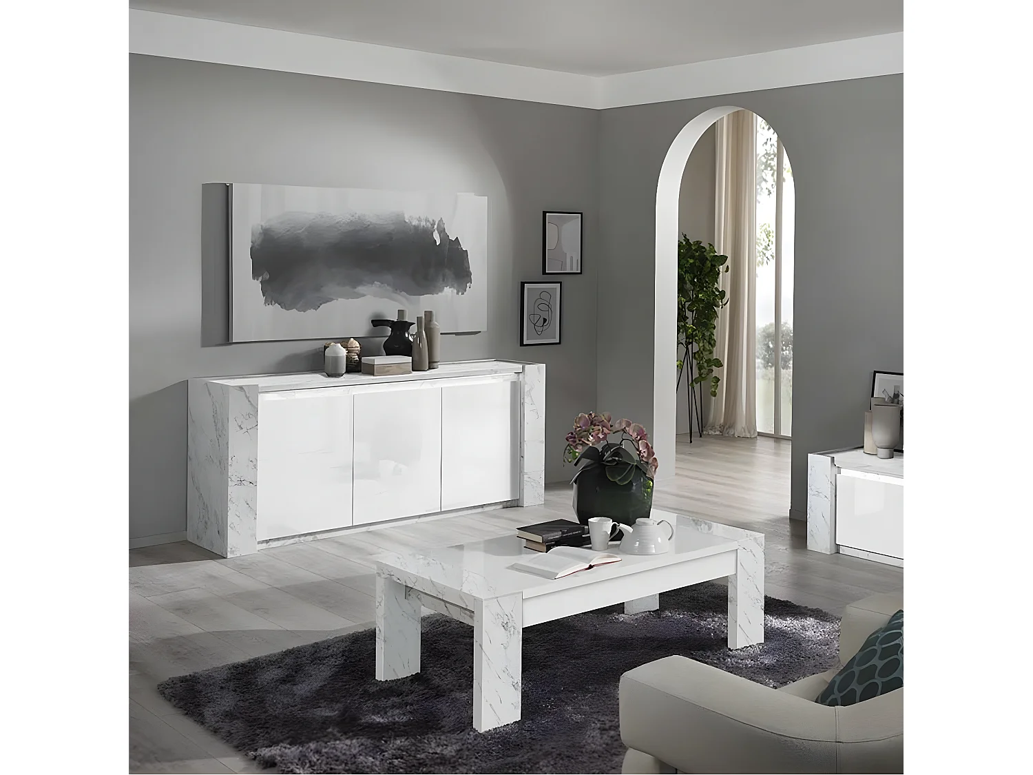 PRAVA - Buffet 3 Portes Laqué Blanc et Effet Marbre avec Leds