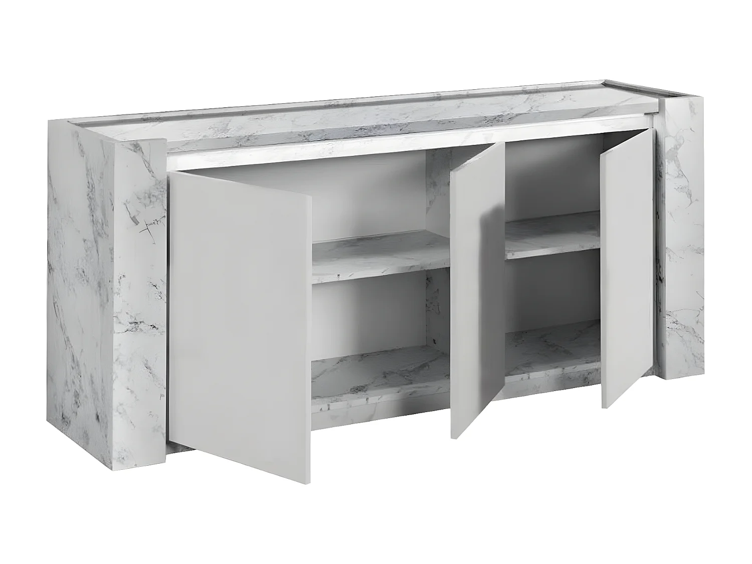 PRAVA - Buffet 3 Portes Laqué Blanc et Effet Marbre avec Leds